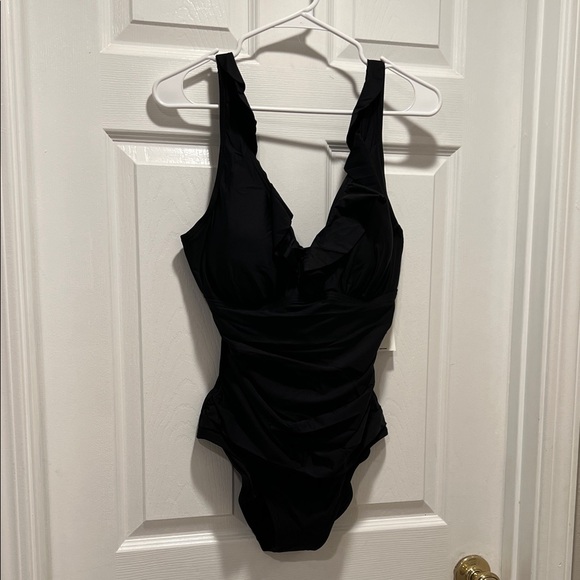 DKNY Black Ruffle Plunge One-Piece Swimsuit NWT - Picture 4 of 11